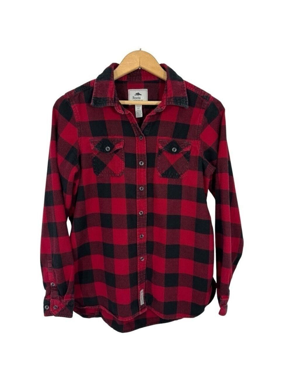 Roots Buffalo Plaid Flannel Shirt Womens S Black Red Check Long Sleeve Button Up
